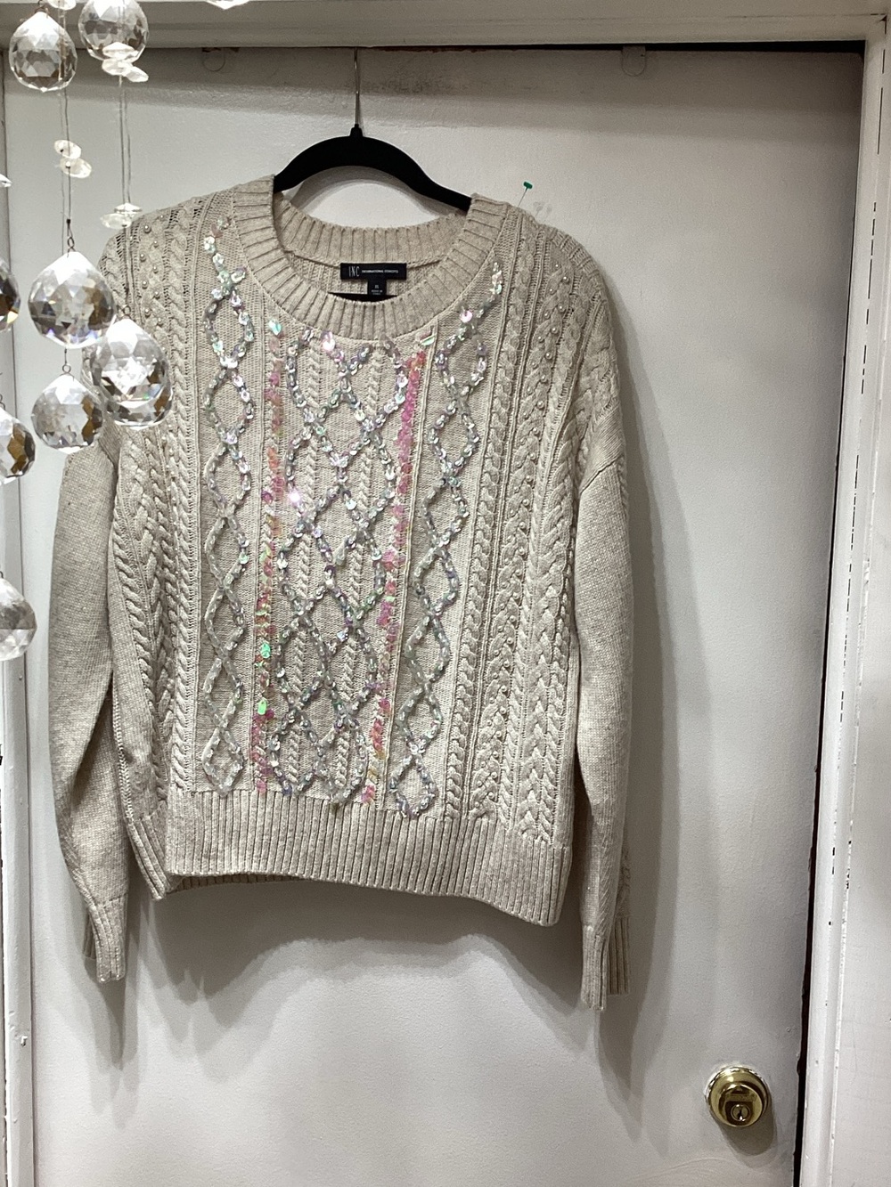 INC International Concepts Cream Cable Knit Sequin-Embellished Sweater